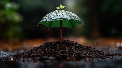 Poster - A small sapling growing out of soil, topped with an umbrella made of green leaves, with water droplets on the leaves.