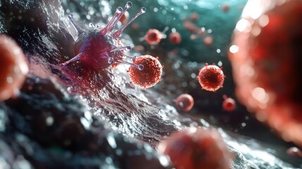 Poster - Nanobots are shown engaging with cellular structures in a vibrant, dynamic underwater landscape at the molecular level