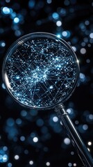 Poster - A magnifying glass highlights a person icon amidst a network of digital connections, illustrating concepts of data analysis and cybersecurity technologies