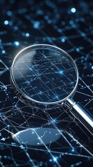 Poster - A magnifying glass highlights a person icon amidst a network of digital connections, illustrating concepts of data analysis and cybersecurity technologies