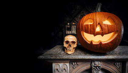 halloween background space text featuring spooky pumpkin old skull ancient gothic fireplace evoking themes witchcraft magic