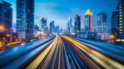 Poster - Urban skyline with light trails from fast-moving trains