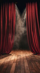 Poster - Empty theater stage with red curtains and spotlights lighting wooden floor