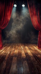 Poster - Empty theater stage with spotlights and red curtains illuminating wooden floor