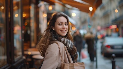 Smiling women with shopping bags, Parisian sidewalk cafes, vibrant city life, elegant surroundings