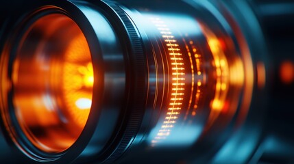 Poster - The close-up reveals intricate designs of a metamaterial lens emitting vibrant orange hues, highlighting its innovative optical properties