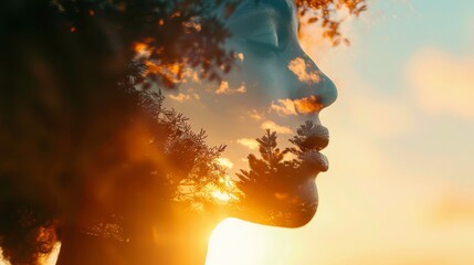 Wall Mural - Artistic double exposure of a woman and sunrise, evoking a sense of peace and new beginnings