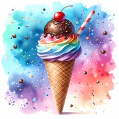 ice cream cone with chocolate ice cream and sprinkles watercolor