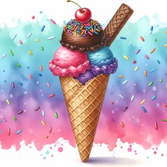 ice cream cone with chocolate ice cream and sprinkles watercolor