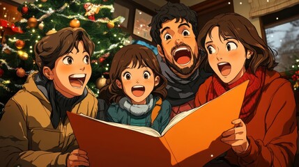 Happy family celebrating Christmas with a book in front of a Christmas tree.