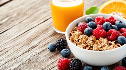 Poster - A bowl of cereal with berries, oranges and milk on a table, AI