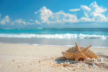 playa de ensueño con agua cristalina y arena blanca. playa decorada con conchas y estrellas de mar. 