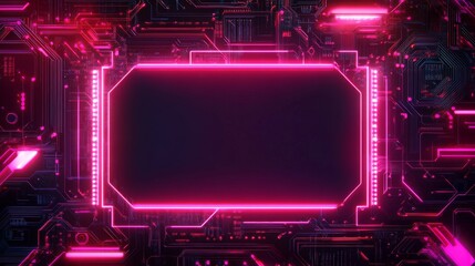 Poster - Glowing neon frame over motherboard circuit background