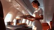 © Sittipol  - A smiling air hostess holding a tray of refreshments in the airplane aisle.