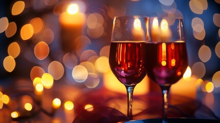 Wall Mural - Cozy atmosphere with wine glasses, flickering candles, and bokeh