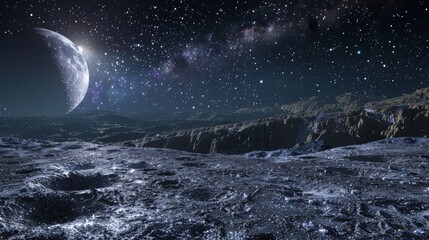 Poster - Cratered moon terrain under starry sky
