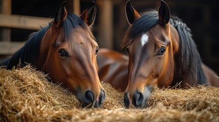 Two beautiful brown horses eating hay in the stable