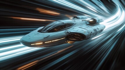 Poster - A sleek starship races through a luminous space corridor, showcasing advanced design and high velocity against a backdrop of glowing streaks
