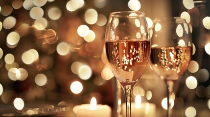 Wall Mural - Elegant wine glasses with candles and bokeh background