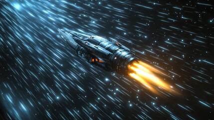 Poster - A sleek starship speeds through the cosmos, leaving a trail of light and energy as it accelerates amidst sparkling stars and interstellar phenomena