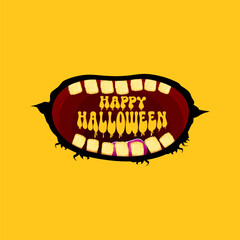 Wall Mural - Vector Happy halloween cartoon greeting card with funny zombie monster open mouth with rotten teeth isolated on orange background. Vector Halloween poster and flyer with funny orange monster mouth.