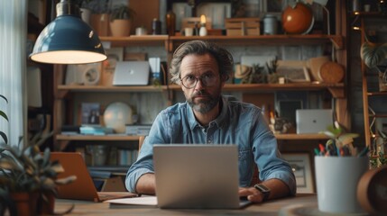 Poster - man seated at a desk in a bright tech gadgets as smartphones and tablets
