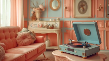 Poster - Modern Pastel Record Player with Vinyl Retro Music and Decor