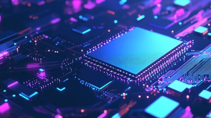 Canvas Print - Closeup of a Processor Chip on a Circuit Board with Neon Lights