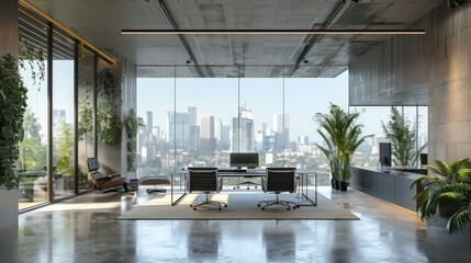 Poster - Rendering Contemporary concrete office interior daylight furniture and equipment