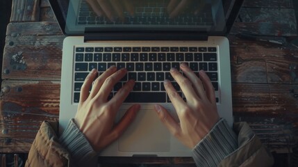 Fototapete - First-person view of hands typing on a laptop keyboard
