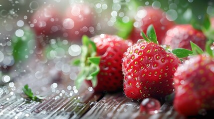 Poster - Fresh strawberries with water droplets on a wooden table