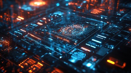 Poster - Advanced technology displays intricate circuitry illuminated by vibrant blue and orange lights, showcasing data processing in action