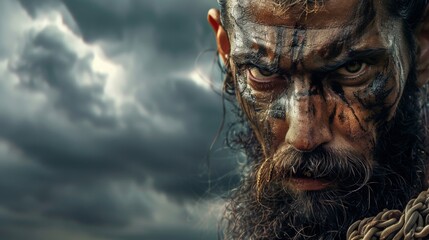 Wall Mural - portrait of a viking with a cloudy day background