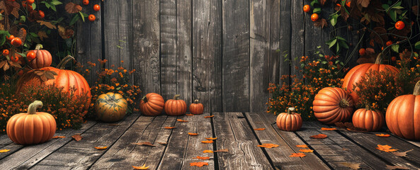 Wall Mural - Empty wooden floor or table made of old oak planks with pumpkins and autumn leaves over wooden wall background. Halloween or Thanksgiving mock up for design and product display