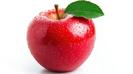 Poster - A red apple with a leaf on it sitting in front of white background, AI