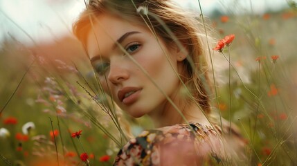 Wall Mural - Woman in Wildflower Field