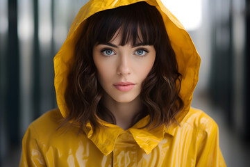 Canvas Print - portrait of a woman wearing yellow rain coat looking into the camera