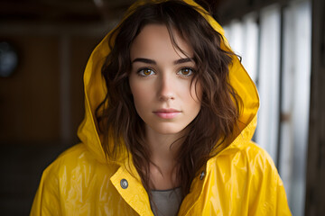 Wall Mural - portrait of a woman in yellow rain coat