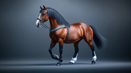 A majestic brown horse gracefully strides across a soft gray background, showcasing its strength and elegance.