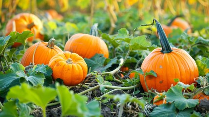 Pumpkin patch over autumn background. fresh orange pumpkins on a farm field. Rural landscape with sunset. Copy space, Halloween or Thanksgiving mock up for design and product display