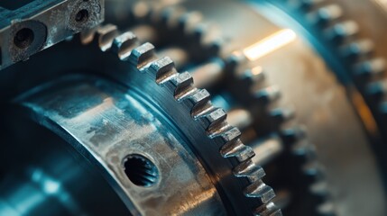 Wall Mural - Close-up of a metallic gear profile, sharply focused to showcase intricate engineering details and mechanical precision, set against a neutral background.