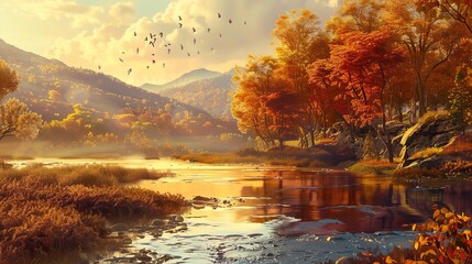 Wall Mural - River Flowing Through Autumn Landscape