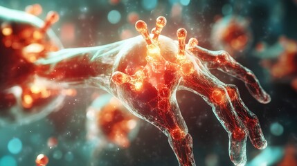 Poster - Tiny nanobots are seen transporting medicine through a vibrant microscopic landscape, showcasing advanced technology in healthcare