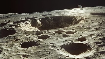 Rocky moon surface with craters and dusty landscape