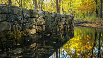 Wall Mural - Stone Wall With Water Surrounded By Water And Trees