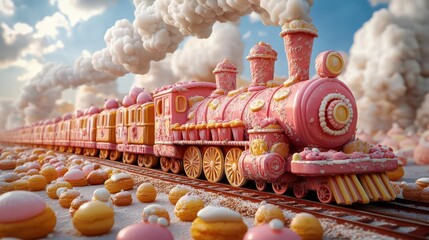 Surreal cake train, made entirely of sweets, 3D illustration