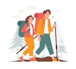 Hikers couples walking travel with hiking backpacks adventure luggage camping concept illustration