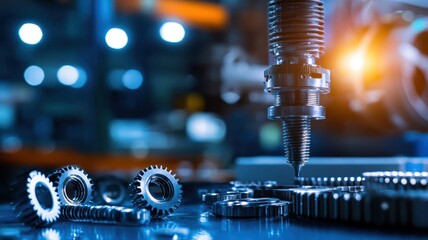 Close-up of a precision machine part in an industrial setting with gears and tools illuminated by soft blue lighting.