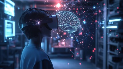 Poster - A person wears a virtual reality headset as holographic brain imagery emerges, illustrating an interaction with advanced technology in a dimly lit lab