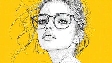 A beautiful girl with glasses, wearing a yellow turtleneck and blue eyes, illustrated in detailed digital art with an anime character style.